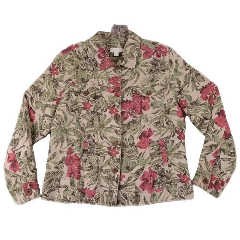 Charter Club 100% Linen Tropical Floral Jacket Medium Hibiscus Green Red